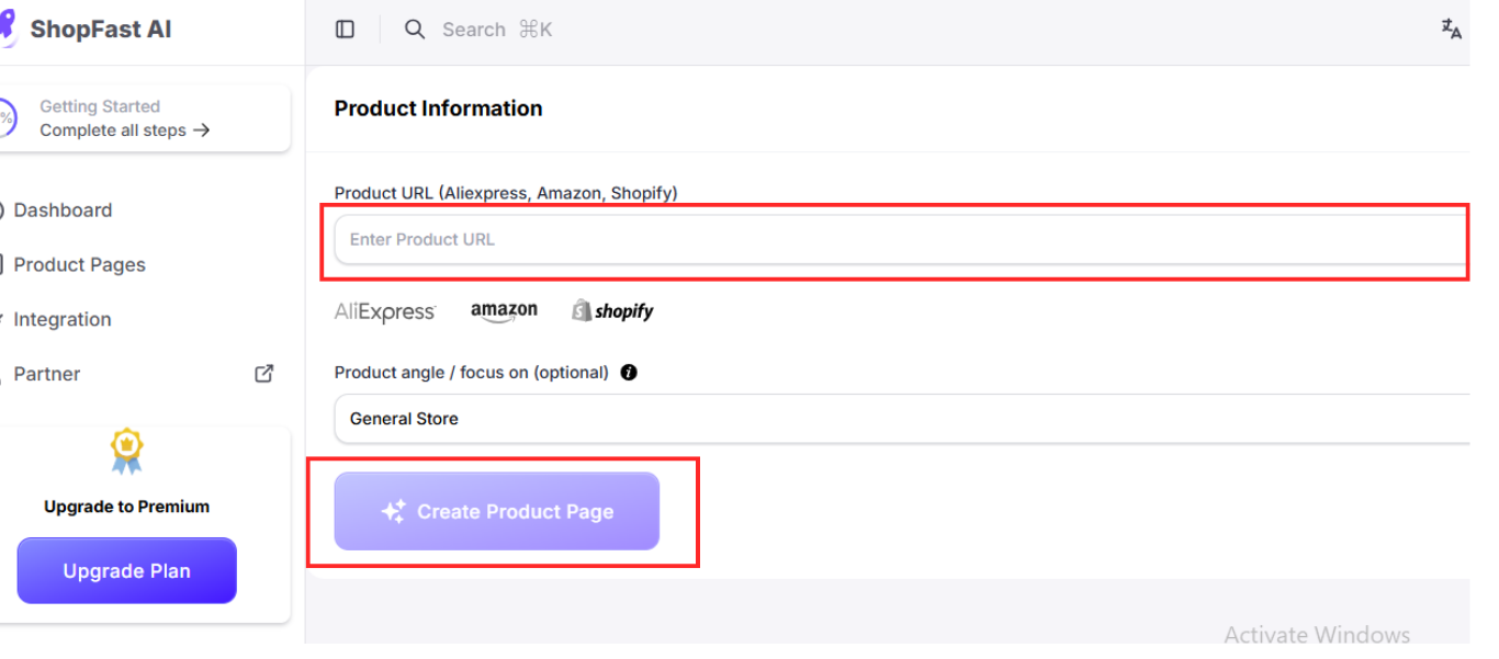ShopFast product page builder interface